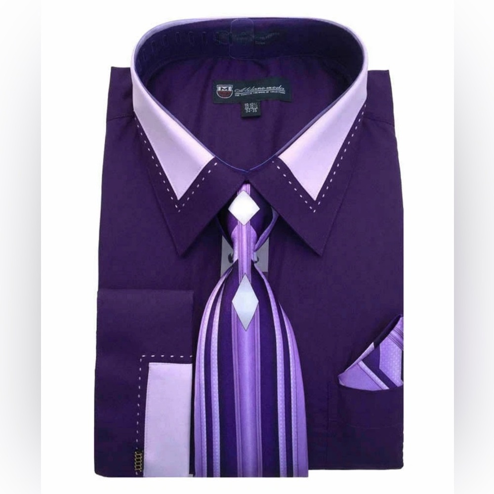 Men’s Deep Purple Dress Shirt, Tie & Hanky Sz 18-18 1/2